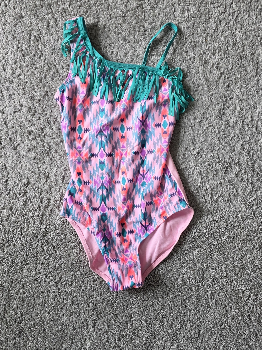 Xhilaration Girls Pink & Teal Fringe One-Piece Swimsuit Size 10/12